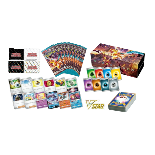 Caja de construcción de mazos Ruler of the Black Flame de InspectorTCG con sobres, cartas Pokémon y accesorios.