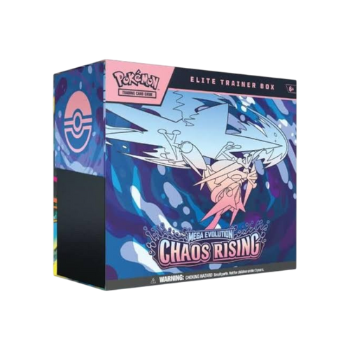 Caja Elite Trainer Box Chaos Rising de InspectorTCG con diseño de Pokémon y 9 sobres de cartas coleccionables