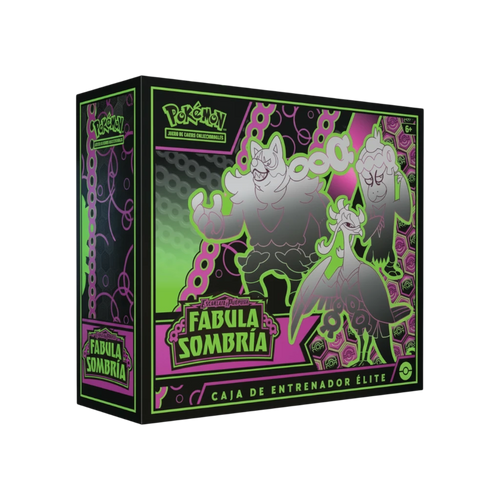Caja de Entrenador Élite InspectorTCG de Pokémon Fábula Sombría con diseño en negro, verde neón y rosa vibrante