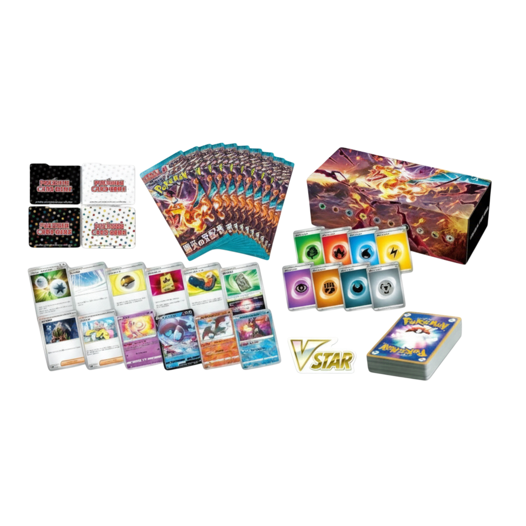 Caja de construcción de mazos Ruler of the Black Flame de InspectorTCG con sobres, cartas Pokémon y accesorios.