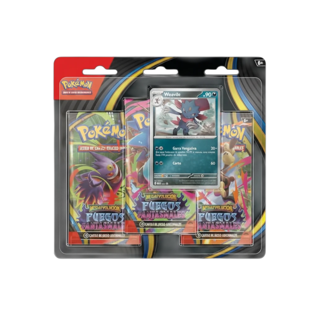 Blister de 3 sobres de cartas Pokémon Fuegos Fantasmales en español con carta promocional de Weavile de InspectorTCG