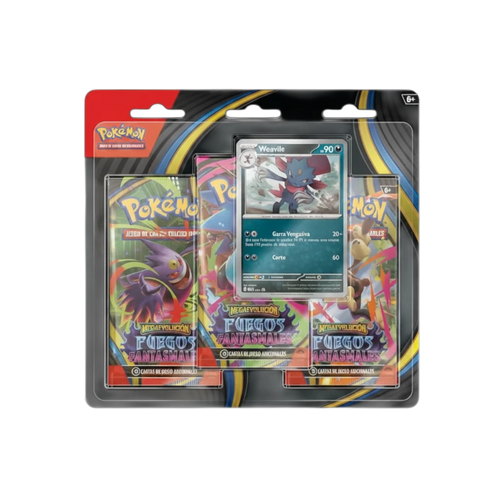 Blister de 3 sobres de cartas Pokémon Fuegos Fantasmales en español con carta promocional de Weavile de InspectorTCG