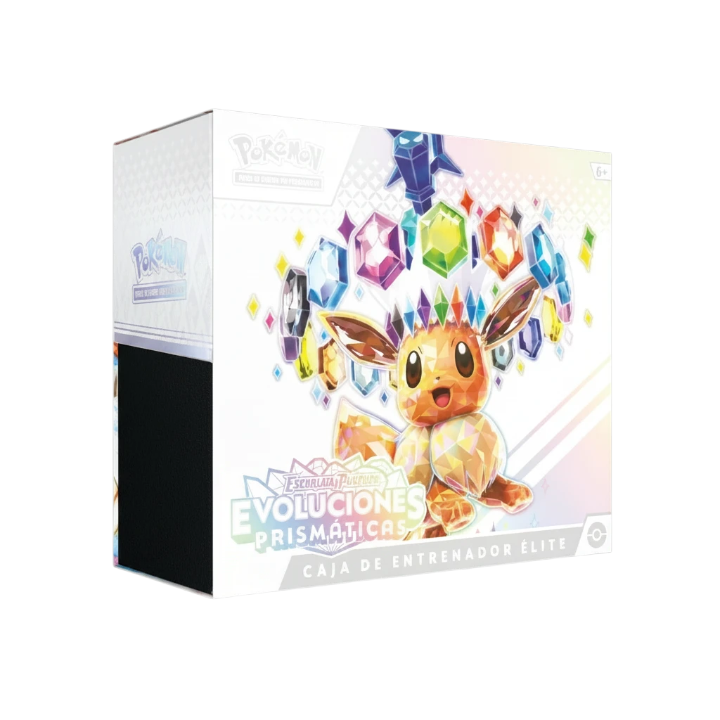 Caja de Entrenador Élite InspectorTCG de Pokémon Evoluciones Prismáticas con ilustración de Eevee cristalino