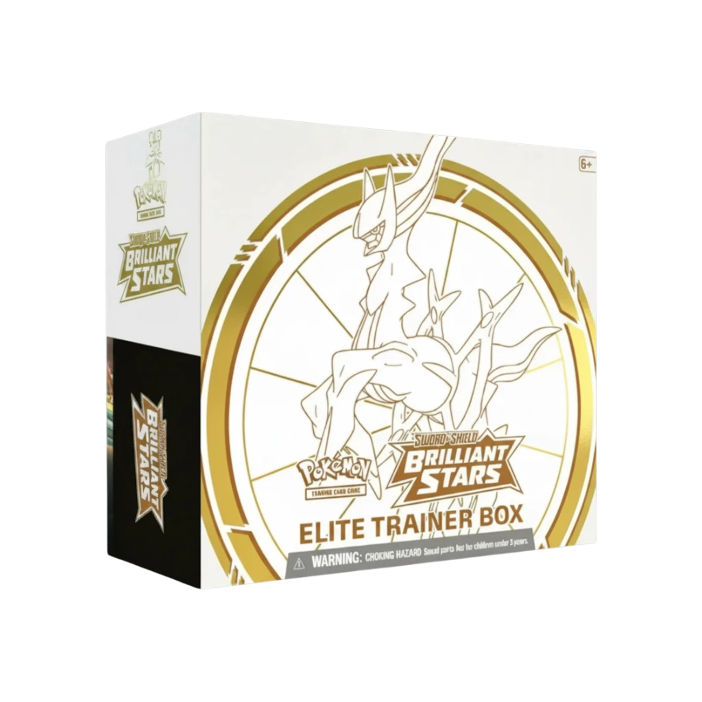 Elite Trainer Box de Pokémon Astros Brillantes de InspectorTCG con diseño de Arceus en blanco y dorado
