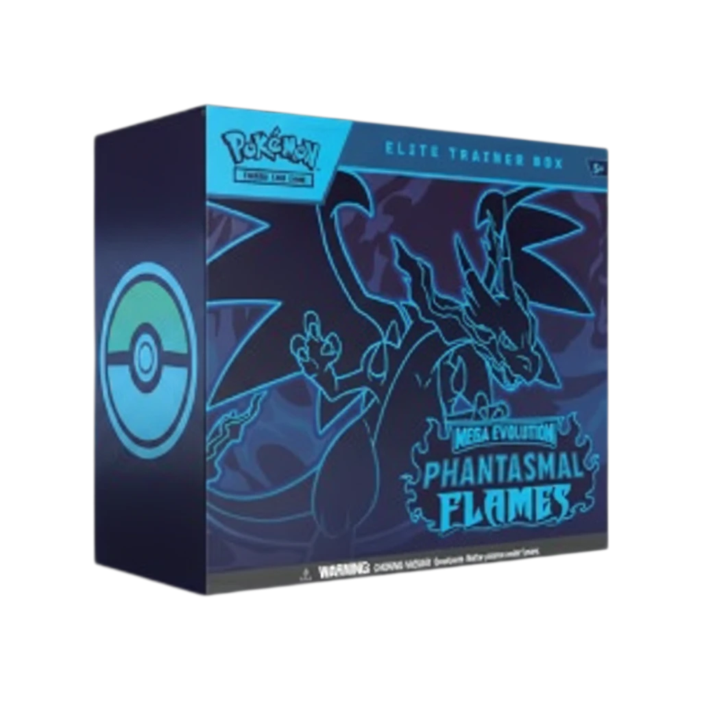 Caja de Entrenador Elite InspectorTCG Phantasmal Flames con diseño de Charizard en azul y negro para coleccionistas