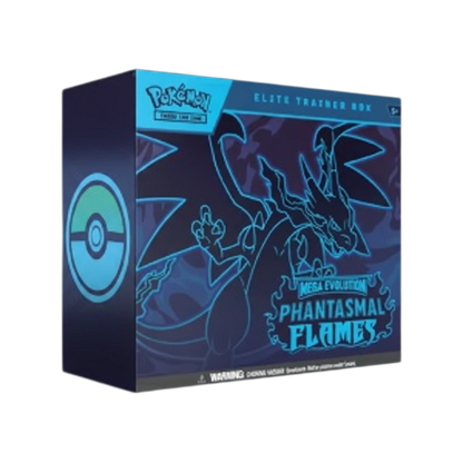 Caja de Entrenador Elite InspectorTCG Phantasmal Flames con diseño de Charizard en azul y negro para coleccionistas