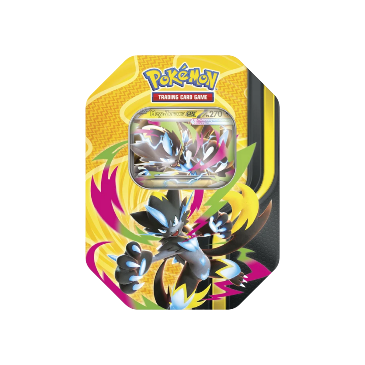 Lata Mega Forces InspectorTCG con carta coleccionable Mega-Zeraora ex de Pokémon JCC en estuche metálico amarillo