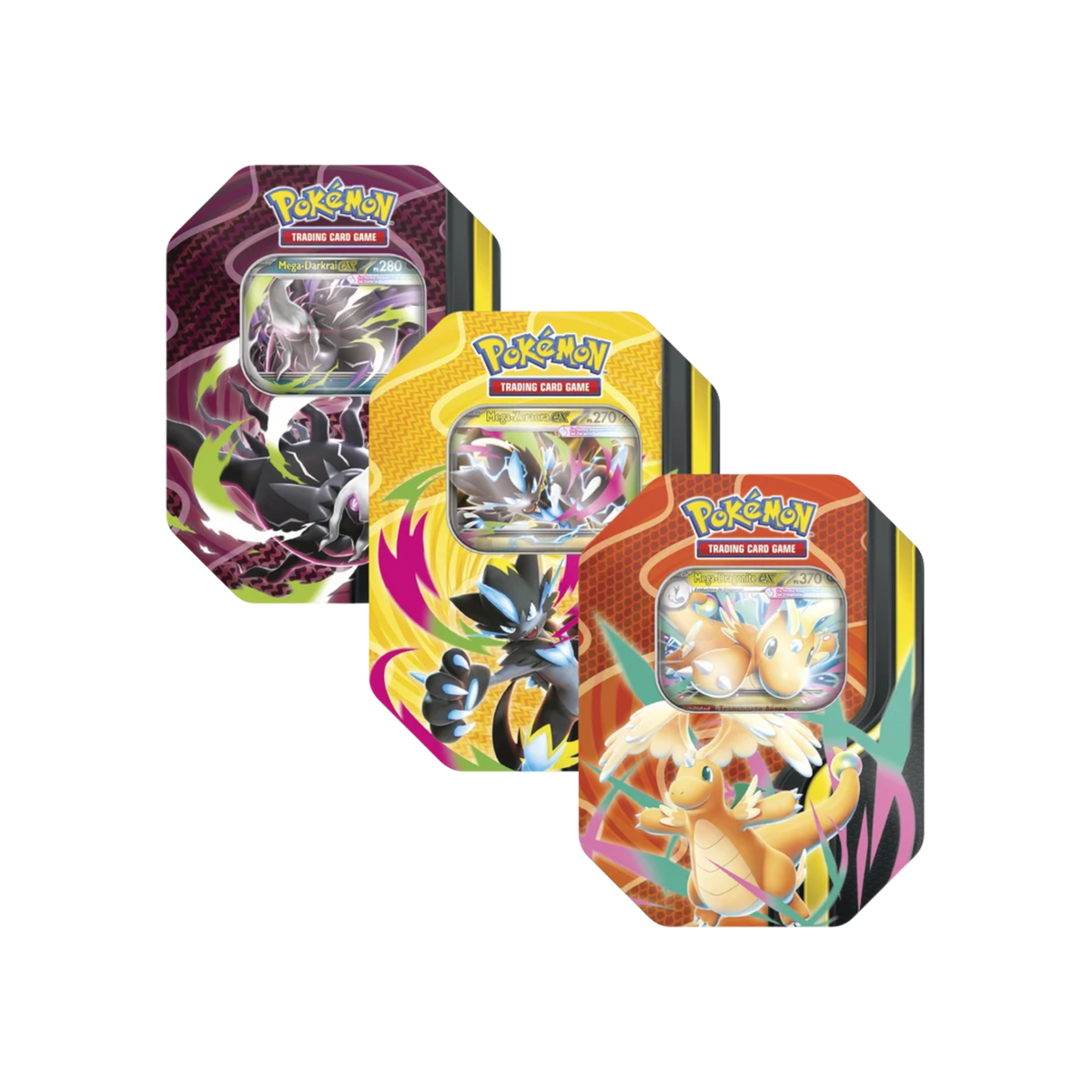 Lata Mega Forces de InspectorTCG con cartas Pokémon TCG de Darkrai, Zeraora y Dragonite en español