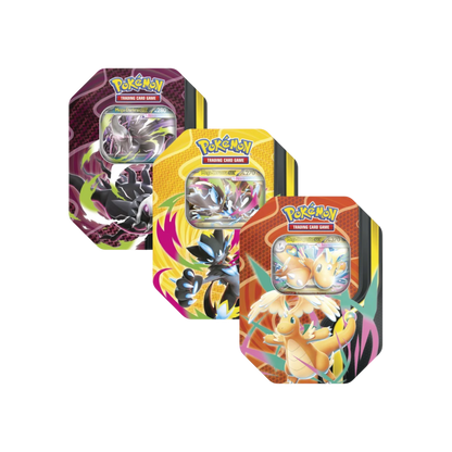 Lata Mega Forces de InspectorTCG con cartas Pokémon TCG de Darkrai, Zeraora y Dragonite en español