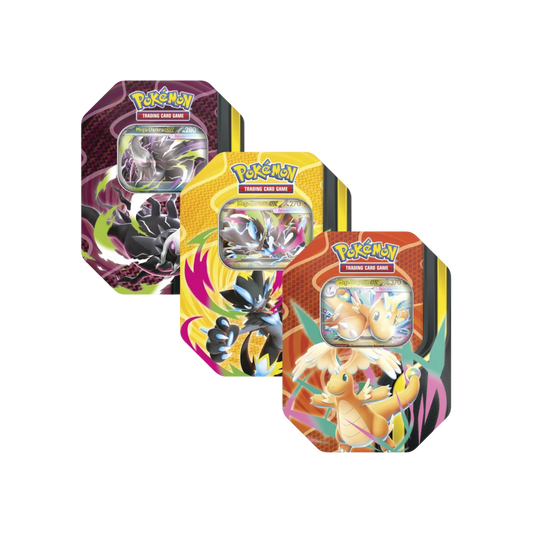 Lata Mega Forces de InspectorTCG con cartas Pokémon TCG de Darkrai, Zeraora y Dragonite en español