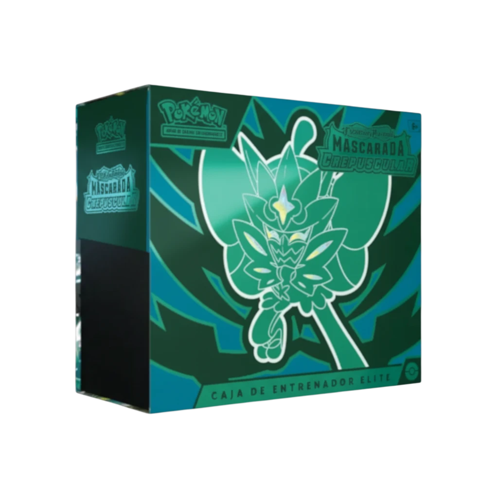 Caja de Entrenador Elite InspectorTCG Mascarade Crépusculaire de Pokémon TCG con diseño verde y Ogerpon