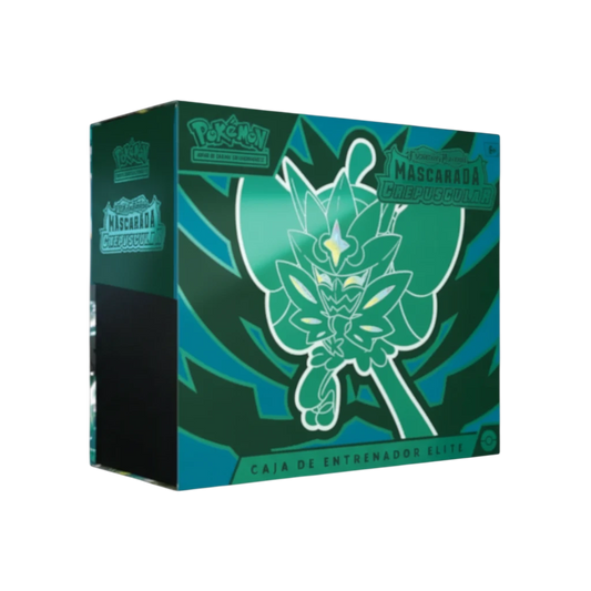 Caja de Entrenador Elite InspectorTCG Mascarade Crépusculaire de Pokémon TCG con diseño verde y Ogerpon