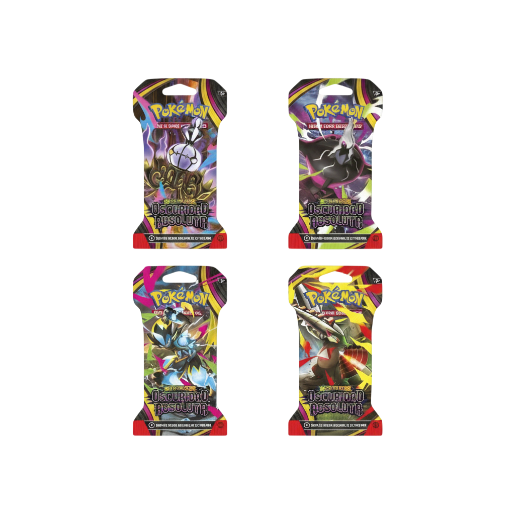 Cuatro sobres de cartas Pokémon TCG Oscuridad Absoluta de InspectorTCG con ilustraciones de Pokémon legendarios