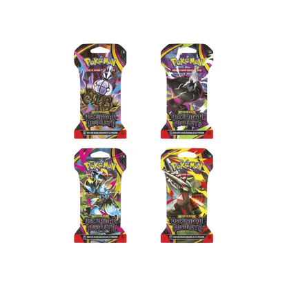 Cuatro sobres de cartas Pokémon TCG Oscuridad Absoluta de InspectorTCG con ilustraciones de Pokémon legendarios