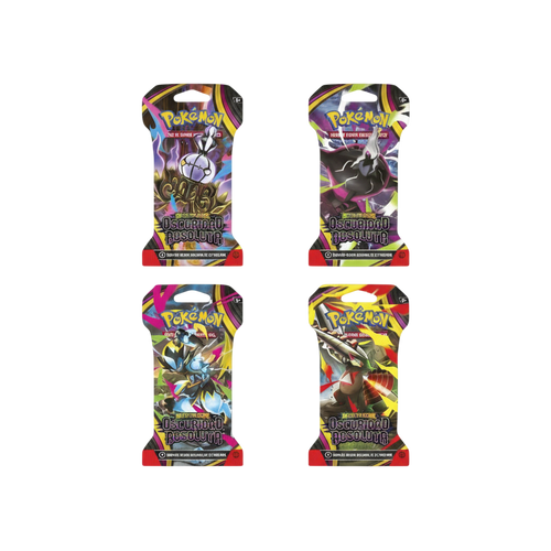 Cuatro sobres de cartas Pokémon TCG Oscuridad Absoluta de InspectorTCG con ilustraciones de Pokémon legendarios