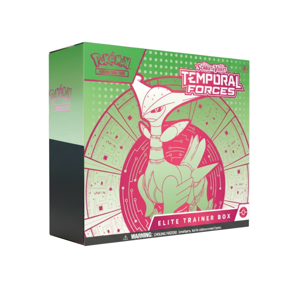 Caja Elite Trainer Box Temporal Forces de InspectorTCG con diseño verde y rosa de Pokémon