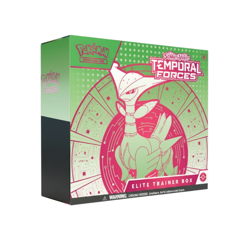 Caja Elite Trainer Box Temporal Forces de InspectorTCG con diseño verde y rosa de Pokémon