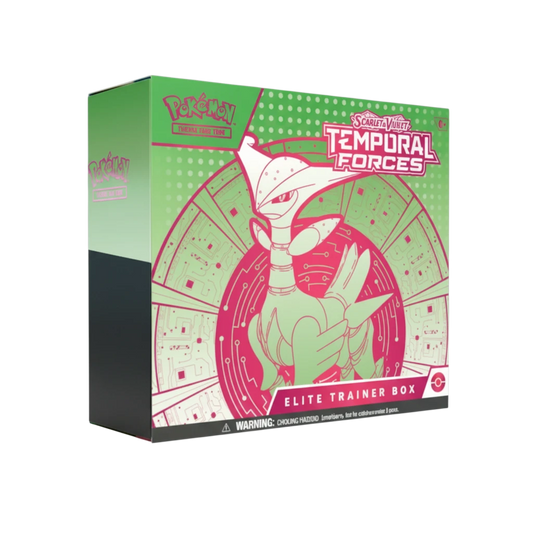 Caja Elite Trainer Box Temporal Forces de InspectorTCG con diseño verde y rosa de Pokémon