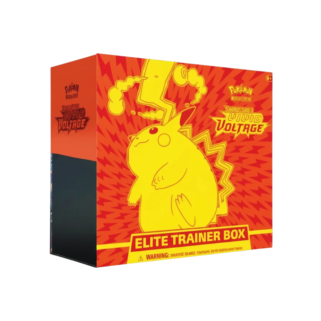 Caja Elite Trainer Box Vivid Voltage de InspectorTCG con diseño de Pikachu en color amarillo sobre fondo rojo